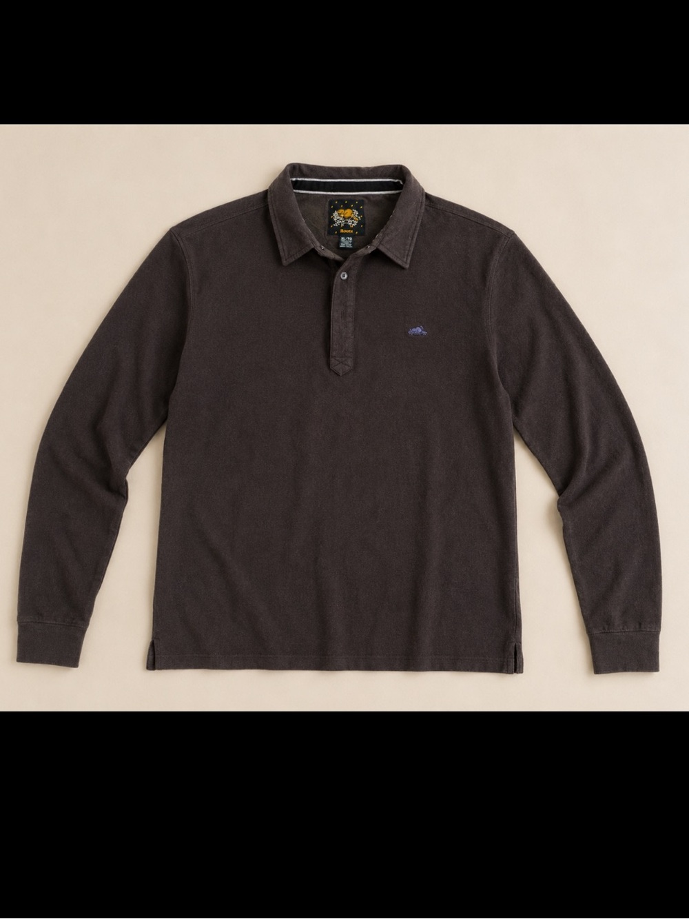 Roots Men’s XL Long Sleeve Polo Shirt Brown Cotton Embroidered Logo Preppy
